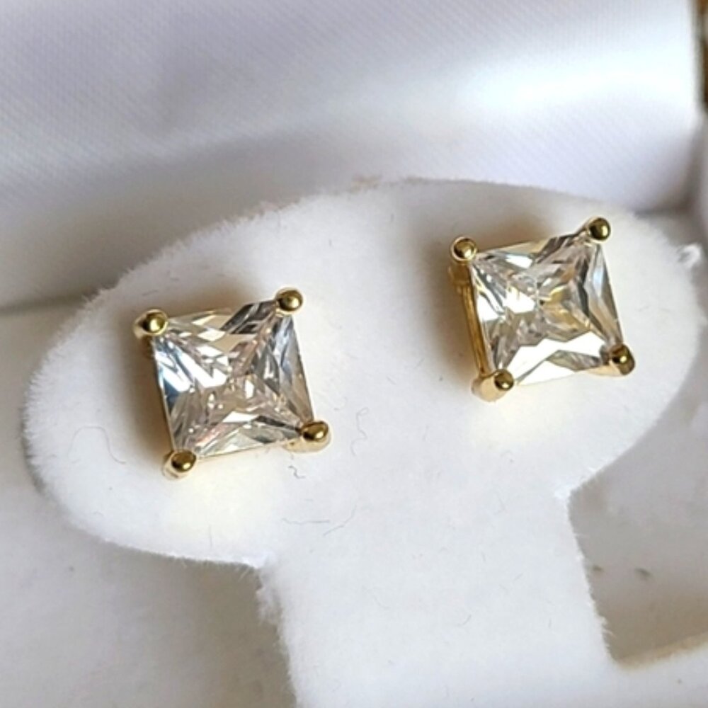 Vintage Classic 90s Y2K Square Cut CZ Sterling Silver Gold Plated Stud Earrings